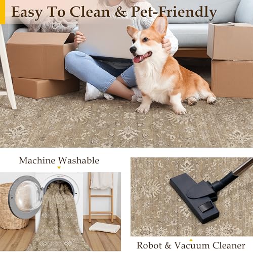 PureCozy 2x3 Area Rug Brown Washable Entryway Vintage Carpet Door Mat Small Non Slip Stain Soft Resistant Low Pile Thin Boho Accent Indoor Throw Rug for Kitchen Bathroom Entrance Bedroom - color: Oriental Brown, size: 2' x 3' (Rectangular)