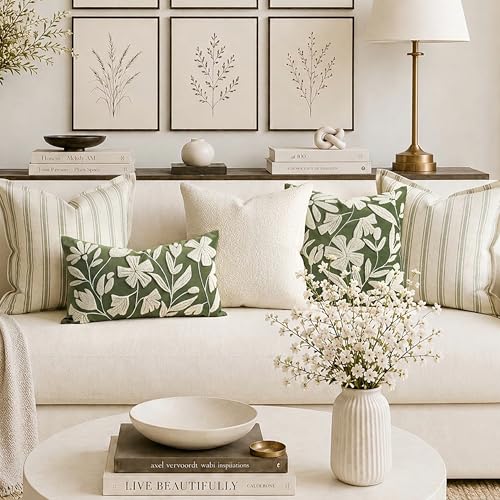 BlissBlush Decorative Lumbar Pillow Cover 12x20 Inch, Olive Green Floral Tufted Velvet Accent Pillow Case for Sofa Bed Living Room, Cover Only - color: Olive Green, size: 20" x 12" (Pack of 1)