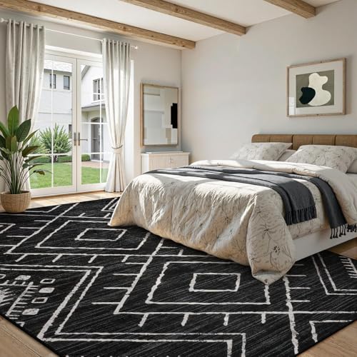 LIVEBOX Moroccan 8x10 Area Rug, Black Washable Rugs for Living Room Bedroom, Non Slip Western Tribal Rug Low Pile Geometric Large Area Rugs Diamond Carpet for Dining Room Home Office Decor Playroom - color: Black, size: 8‘ x 10'