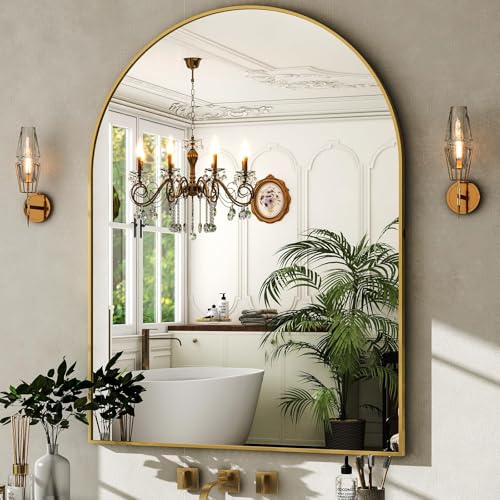 HARRITPURE Arched Bathroom Mirror - 30"x40" Gold Large Wall Mounted Vanity Mirror Aluminum Alloy Frame Arch Wall Mirror for Living Room, Bedroom and Entryway - color: Gold-1pcs, size: 40"L x 30"W