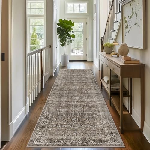 2x5 Brown Grey Vintage Washable Runner Rugs for Hallway Kitchen Boho Hallway Carpet Low Pile Non-Slip Retro Distressed Accent Throw Rug for Entryway Bathroom Bedroom - color: Brown Grey, size: 2'*5'(Runner)
