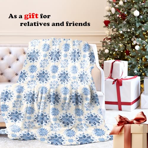 Winter Blue Snowflake Throw Blanket for Couch, Snowflake Christmas Decor, Vintage Blue and White Porcelain Floral Throw Blanket for Bedroom Living Room Home Decoration, 50x60 Inches - color: Color_19