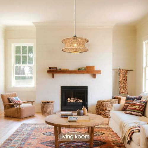 13" Boho Rattan Pendant Light Fixture, Hand Woven Hanging Ceiling Lamp for Kitchen Island, Dining Room, Entryway, Small Rustic Natural Woven Lighting
