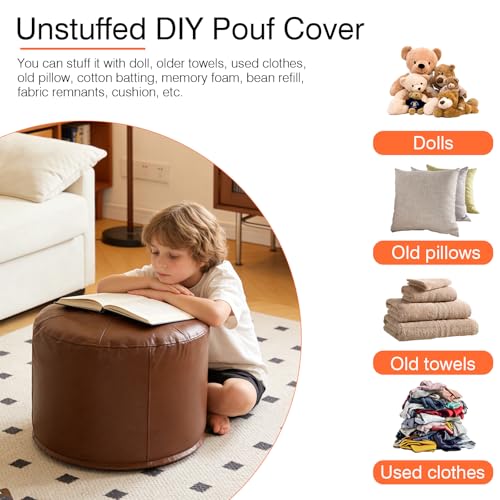 Unstuffed Ottoman Pouf Cover 20 X 15 Inch, Round Pu Leather Foot Stool, Floor Bean Bag(No Filler), Foot Rest with Storage for Living Room/Bedroom/Office, Brown - color: Brown