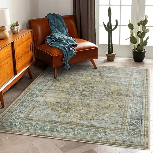 CHAMPLANT Washable Area Rug 4'x6' Traditional Floor Cover Foldable Thin Rugs Retro Kitchen Indoor Distressed Non Slip Carpet Floral Print Mat Bedroom Living Room - color: Aged Floral Green, size: 4' x 6' (Rectangular)