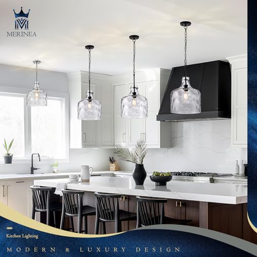 12" Farmhouse Pendant Light, Hand-Blown Clear Hammered Glass Hanging Ceiling Light Fixture with Black Finish and Adjustable Chain, Modern Rustic Lighting for Kitchen Island, Dining Room, E26 Socket - color: Chain Black
