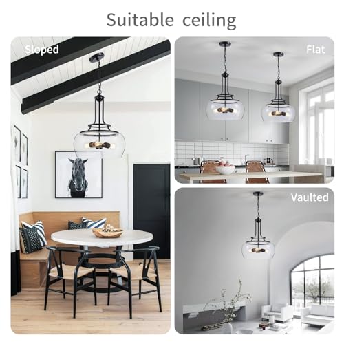 WUZUPS Chandelier Rustic Farmhouse Industrial Round Ceiling Pendant LED Light Fixture Clear Seeded Glass Shade for Dining Room Kitchen Island Foyer Entryway, H 20.9" x W 15.9", Black - color: Pendant Light, Black, 3-Light, size: H 20.9" * W 15.9"