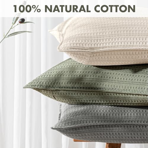 Set of 2 Decorative 100% Cotton Waffle Throw Pillow Covers 20x20, Neutral Euro Shams Weave European Cushion Cases for Couch Sofa Bed Modern Farmhouse Home Decor, Olive Green - color: Olive Green, size: 20" x 20" (Pack of 2)