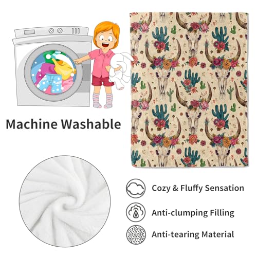 Western Cow Skull Blanket Cactus Boho Throw Blankets,Birthday Gifts for Kids Adult,Lightweight Soft Fleece with Southwestern Style,for Sofa Couch Bed Room Artistic Bohemian Decor 40x50in - color: Western, size: 40x50in