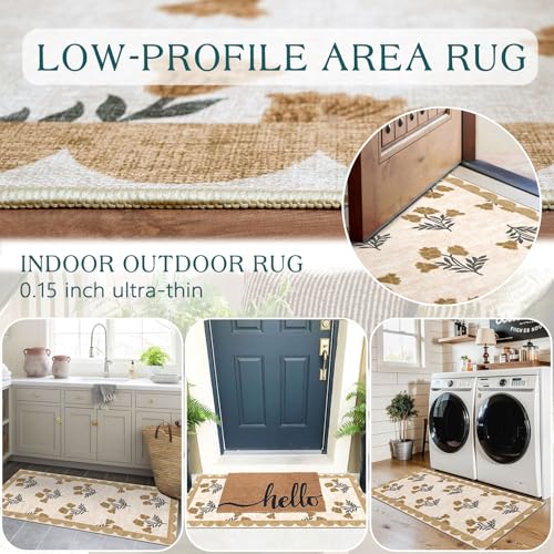 Front Door Mat Indoor Entrance - 2x4.3 Ft Floral Washable Layered Doormat Outdoor Entrance Spring Porch Rug Non-Slip Beige Boho Runner Rug for Kitchen Hallway Bedroom Laundry Room Porch Decor - color: Flower - Beige, size: 2' x 4'3" (Rectangular)