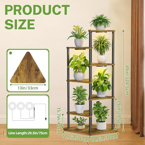 iDavosic.ly Tall Plant Stand with Grow Lights for Large & Heavy Duty Planters, 6 Tier Indoor Corner Flower Shelf with Wooden Trays & Metal Frame, Orchid Rack for Living Room Balcony, Black & Brown - size: 6 Tier with Light