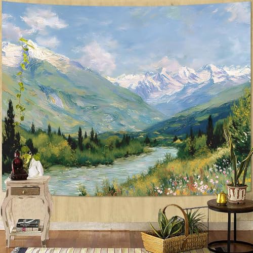 Yeoiat Tapestry Alpine Mountain River Landscape Oil Painting Wall Art Artistic Hand-Painted Look Fine Art Meadow Flowers Decor 60"x44" - color: Green Blue White, size: 60"L x 44"W
