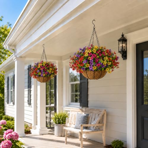 Geegoods 2 Pack Artificial Hanging Flowers for Outdoors, 24 Pcs UV Resistant Faux Mums Flowers with 2 Hanging Baskets, Fake Hanging Plants for Front Porch, Patio, Balcony, Yard and Garden Decor - color: Mix 4 Colors-2packs, size: 2 Packs