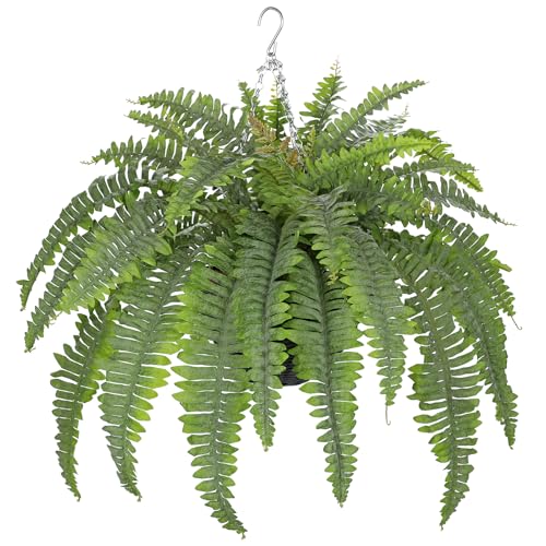 Hollyone 33" Artificial Boston Fern Hanging Basket Large 39 Leaves Fake Ferns in Rattan Pot Greenery Plants for Outdoors & Indoor Faux Fern Bush Basket Plant Patio Garden Home Decor Dusty Green - color: Hanging Basket - Dusty Green Large