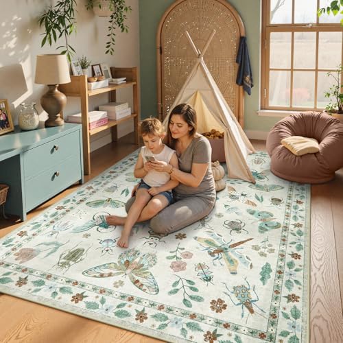Beeiva Insect Print Rug 6x9, Washable Carpet for Living Room Non Slip, Low Pile Ultra Thin Foldable Large Area Rugs for Bedroom Kids Room Playroom Nursery Home Decor(Beige,6x9ft) - color: Beige, size: 6' x 9' (Rectangular)