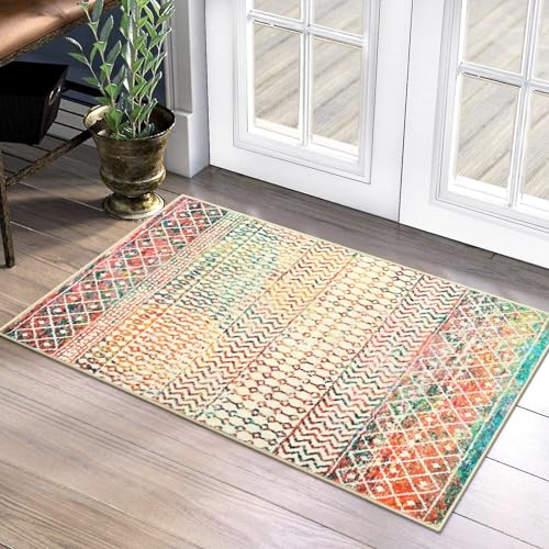 Moroccan Small Rug for Bedroom, 2x3 Colorful Rug Non-Slip Washable Indoor Door Mat, Soft Low-Pile Distressed Kitchen Mat Floor Carpets for Bedside Kitchen Entryway Bathroom - color: Multi Color, size: 2' x 3' (Rectangular)