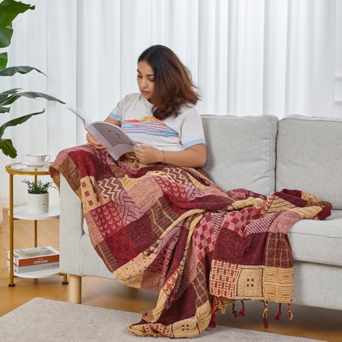 amorus Boho Sofa Cover, Chenille Jacquard Tassels Throw Blankets for Couch Bed, Decorative Sofa Slipcover Protector - Red Plaid (60 * 75inch) - color: Red Plaid, size: 60 x 75 in