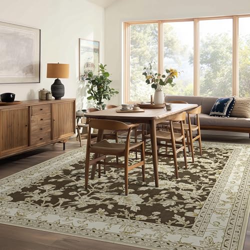 Brown Floral Rug 5x7 Machine Washable Area Rug for Living Room Vintage Boho Farmhouse Low Pile Distressed Carpet for Dining Room, Bedroom Indoor Non-Slip Brown Beige Taupe Flower Design Home Decor - color: Sketch Floral Brown, size: 5' x 7' (Rectangular)