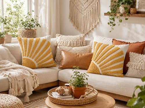 Zealax Yellow Decorative Throw Pillow Cover 18x18 Inch Modern Abstract Sun Tufted Pillow Case Square Soft Cushion Covers for Couch Bed Living Room Bohemian Home Decor(No Pillow Insert, 1Pc)
