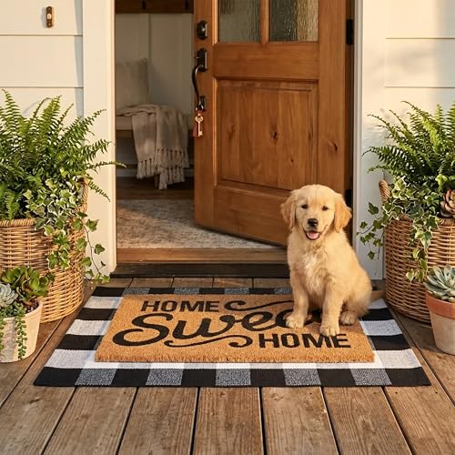 Home Sweet Home Doormat Set, 2-Piece Layered Front Porch Mat Combo, Natural Coir Welcome Mat with Black and White Buffalo Plaid Rug, Farmhouse Outdoor Entryway Decor for Porch, Patio, Home