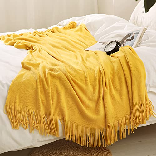 Homiest Decorative Knitted Throw Blanket with Fringe Soft & Cozy Tassel Blanket for Couch Sofa Bed (Yellow,50x60) - color: Yellow, size: 50" x 60"