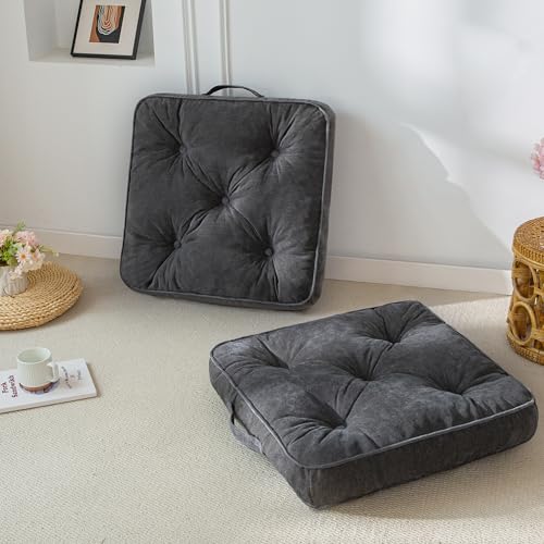 HIGOGOGO Large Floor Pillow Cushion for Adults, Meditation Cushion Pillow with Handle, Lustrous Chenille Tufted, Square Floor Sitting for Tatami Living Room or Yoga, 22x22 Inch, 2Pack, Dark Grey - color: Square Dark Grey, size: 4" Thick(Pack of 2)