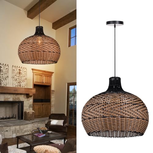 Arturesthome Rattan Pendant Light for Kitchen Island, Wicker Chandelier, Handmade Woven Hanging Ceiling Lighting Fixtures Lampshade for Living Room Bedroom - size: 15.7" * 15.7"