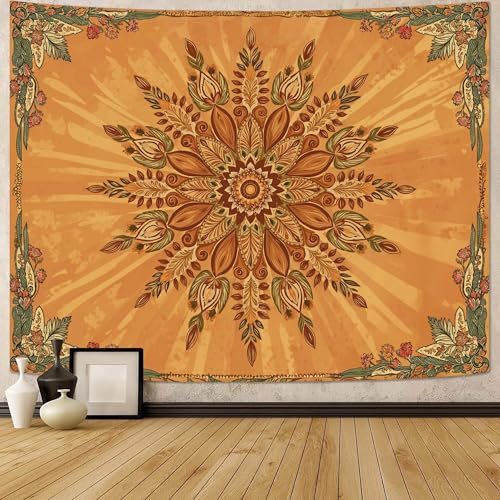 Accnicc Boho Floral Mandala Tapestry for Bedroom Bohemian Flower Wall Tapestry Aesthetic Extra Large Vintage Orange Hippie Indian Tapestries Wall Hanging for Living Room Dorm Decor 90 x 68 Inch - color: Orange Red, size: 90"L x 68"W