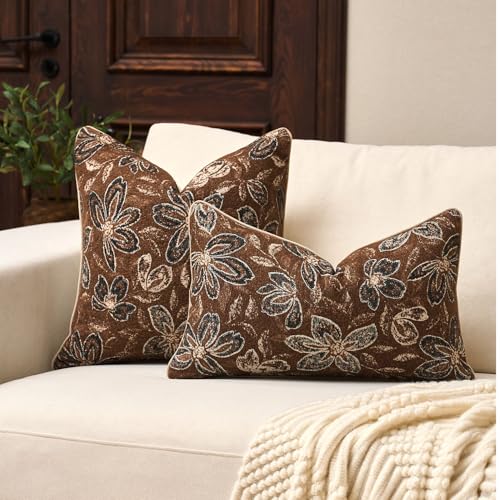 Yangest Flower Pillow Cover 20 x 20 Inches, Nature Chenille Square Throw Pillow Cover Soft Luxury Neutral Accent Couch Pillow Cover for Living Room Bedroom, Coffee Brown - color: Coffee Brown, size: 20" x 20" (Pack of 1)