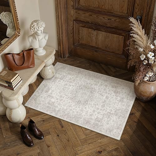 PureCozy 2x3 Area Rug Washable Neutral Beige Vintage Entryway Carpet Non Slip Low Pile Soft Door Mat Indoor Entrance Floral Small Throw Rug for Bathroom Bedroom Office Laundry Kitchen - color: Vintage | Beige, size: 2' x 3' (Rectangular)