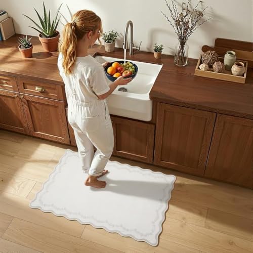 GarveeHome Scalloped Entryway Rug, 2x3 Solid Beige Washable Front Door Rug Indoor Entrance Floral Carpet Non-Slip Low Pile Throw Rugs for Kitchen Floor, Powder Room, Entry, Bathroom, Kids Room - color: Beige, size: 2' x 3' (Rectangular)