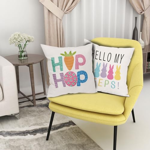 Easter Pillow Covers 16x16 Inches Hello My Peeps Hip Hop Throw Pillow Case Set of 2 Easter Bunny Pillow Cover Cotton Linen Spring Cushion Cover for Home Couch Sofa Bedroom Livingroom - color: Easter Rabbit231123, size: 16" x 16" (Pack of 2)