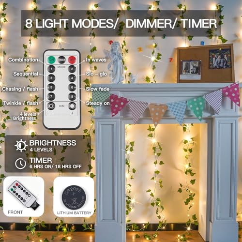 suddus Vines with Light for Bedroom, 200 LED Fairy Lights with Vines, Ivy Curtain Lights for Dorm, Wedding, Party, Wall, Indoor, Outdoor Decor, 6.5ft x 6.5ft with Remote（Warm White） - color: Ivy, size: USB-200led