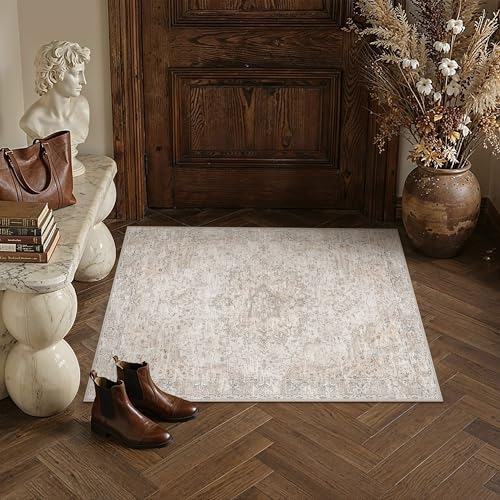 HUGEAR Entryway Area Rugs 2x3 Washable Rug Beige Vintage Rug Carpet Low Pile Non Slip No Shedding Soft Durable Indoor Bedroom Kitchen Home Decor Floor Mat - color: Beige, size: 2' x 3' (Rectangular)