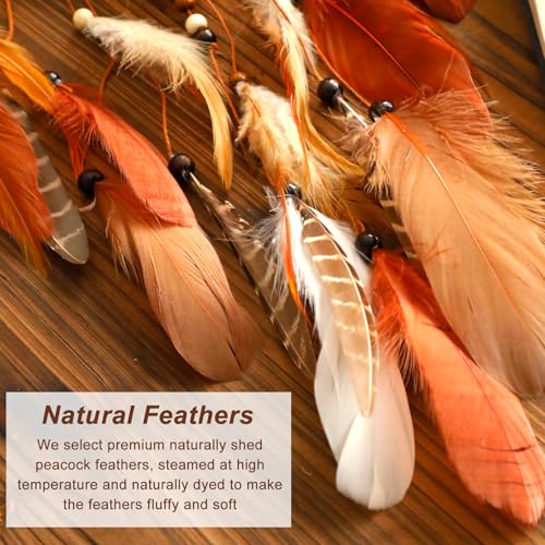 Dream Catcher Native American Boho Dreamcatcher Rattan Wood Wall Decor, Handmade Natural Dream Catchers with Healing Crystal Stone Feathers Ornament Indian Decor for Bedroom Living Room - color: Brown Orange Mix