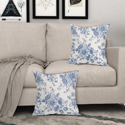 Kawani Blue Floral Pillow Covers 18x18 Inch Vintage Flower Blue Cream Decorative Throw Pillow Covers Set of 2 Chinoiserie Pillowcases Square Cushion Covers for Couch Bed Sofa Chair Car Decor - color: Blue, size: 18" x 18" (Pack of 2)