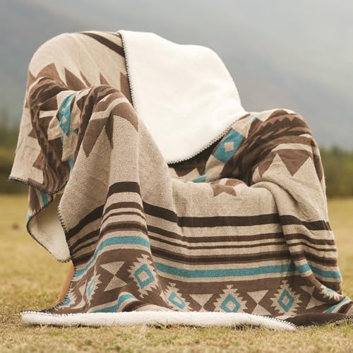 Aztec Throw Blanket with Soft Sherpa Lining, Traditional Southwestern Navajo Tribal Style Warm Throw for Camping, Outdoor, Cozy Boho Blanket for Couch, Sofa, Bed, 50"x60", Teddy Brown - color: Teddy Brown, size: 50" x 60"