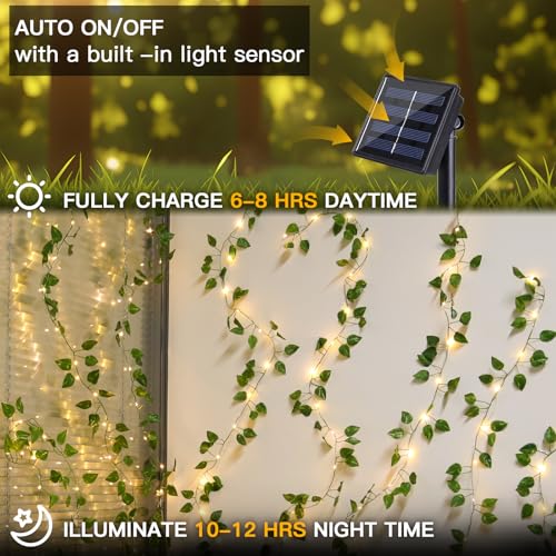 suddus Solar Fairy Lights, 33ft 100 Led Pothos Leaf Solar String Lights Outdoor Waterproof, 8 Modes Vines with Lights for Balcony, Deck, Patio, Garden, Fence,Wedding (Warm White) - color: Pothos, size: 33Ft*1pack