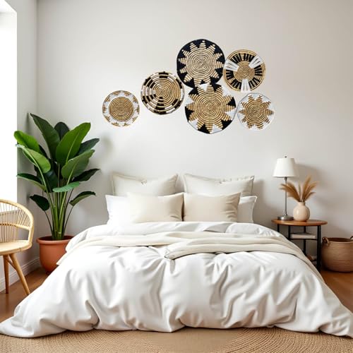 Laquedecraft Boho Wicker Rattan Plate Basket Set For Décor Hanging Wall | Large Woven Farmhouse Rustic Bohemian Art Baket Hangings For Decorative Home, Bedroom, Living Room, Kitchen, Bathroom (Art Deco, Natural, Set of 6) - size: Set of 6, style: Art Deco