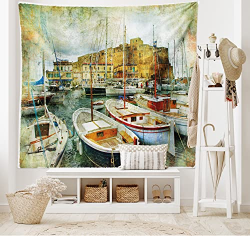 Ambesonne Marine Tapestry, Naples Small Boats at Historical Italian Coast Heritage Castle Nautical Art, Wide Wall Hanging for Bedroom Living Room Dorm, 60" X 40", Earth Yellow - color: Earth Yellow, size: 60"L x 40"W