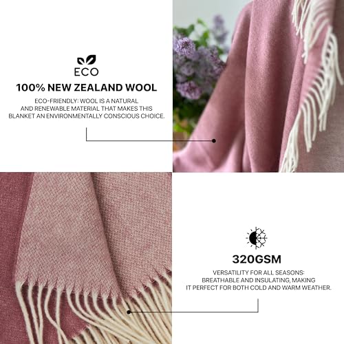 | Wool Blanket/Throw | 100% New Zealand Wool | Perfect for Home and Outdoors | Virgin Wool Throw with Fringes 55"x79"(140 x 200 cm) - color: Cherry Blossom Pink, size: Twin