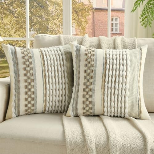FUTEI Pack of 2 Boho Chenille Decorative Throw Pillow Covers 20x20 Inch Soft Plush Tufted Striped Textured Cushion Case,Farmhouse Accent for Couch Bed Living Room, Grey Brown - color: Grey+brown, size: 20" x 20" (Pack of 2)