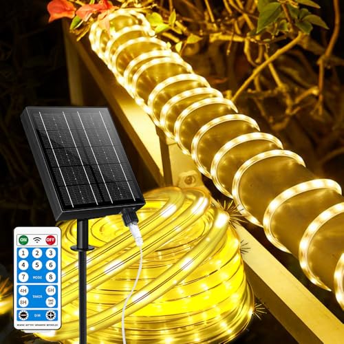 Thicker Tube Solar Rope Lights with Remote for Garden Decoration ,39FT 200LEDs Outdoor Solar Strip Lights for Palm Tree,IP67 Waterproof,USB Charging & 8 Modes Fairy Light for Christmas(Warm White) - color: Brighter-Warm White, size: 200 LED-Larger