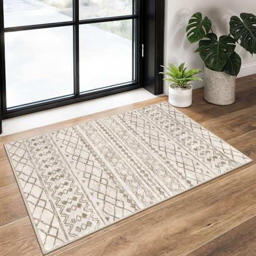 KUTA Washable Non-Slip Rugs for Entryway 2x3, Beige Moroccan Boho Small Area Rug, Ultra Soft Vintage Geometric Low-Pile Indoor Door Mat Floor Carpet for Indoor, Entrance, Kitchen, Bathroom, Bedroom - color: Beige/Brown, size: 2' x 3' (Rectangular)