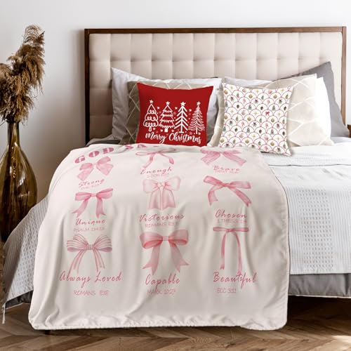 Coquette Pink Bow Christian Throw Blanket for Couch, Christian Gifts for Women Girls, God Says I Am Bible Verse Throw Blanket for Girls Bedroom Living Room Home Decoration, 50x60 Inches - color: Color_13