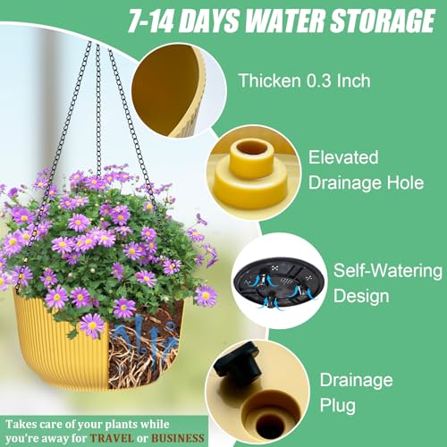 RooTrimmer Hanging Planters 9/10/11 Inch for Indoor Plants, 3 Pack Plant Hanger Outdoor with Drainage Holes, Self Watering Hanging Basket Flower Pot for Garden Home Decor, Yellow - color: Yellow