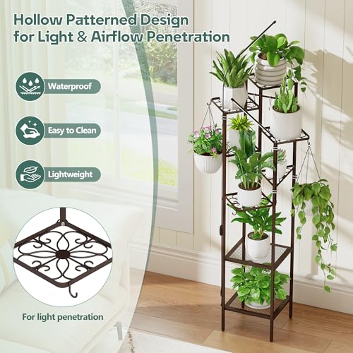 Quikraen 8 tiers Metal Plant Stand with Grow Lights, Tall Lighted Corner Plant Shelf for Indoor Plant Growing,Flower Pot Holder, Plant Rack for Home Decor, Patio (Brown)