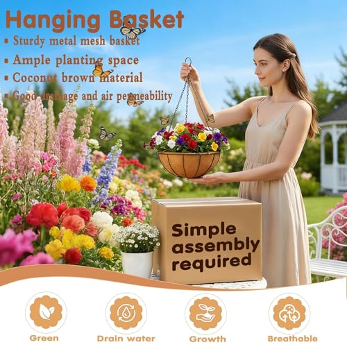 8 inch Metal Hanging Baskets For Plants Outdoor 4 Pack Round Metal Wire Hanging Basket Planter with Coco Fiber Liners Chain Round Wire Plant Holder for Garden, Patio, Deck, Porch Plants Flower Potss - size: 8 Inch, style: Watermelon