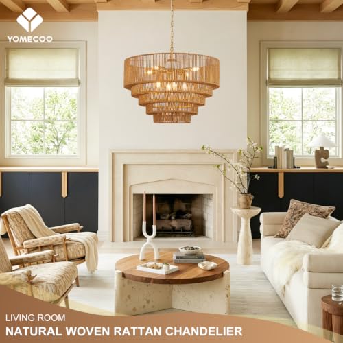 25.6" Large Boho Rattan Chandelier, 8-Light Vintage Farmhouse Hand Woven Wicker Chandeliers Light Fixture, 5-Tier Rustic Drum Pendant Light for Dining Room Kitchen Island Living Room, E12 - color: Golden 25IN