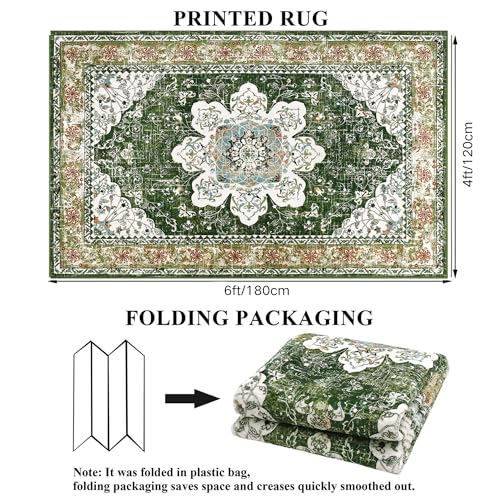 Ileading Bohemian Vintage Area Rug 4x6ft, Machine Washable Low-Pile Accent Carpet, Non-Shedding Non-Slip Living Room Floor Throw Rugs for Bedroom,Dining Room,Kids Playroom,Rv,Office(Green) - color: Green, size: 4' x 6' (Rectangular)